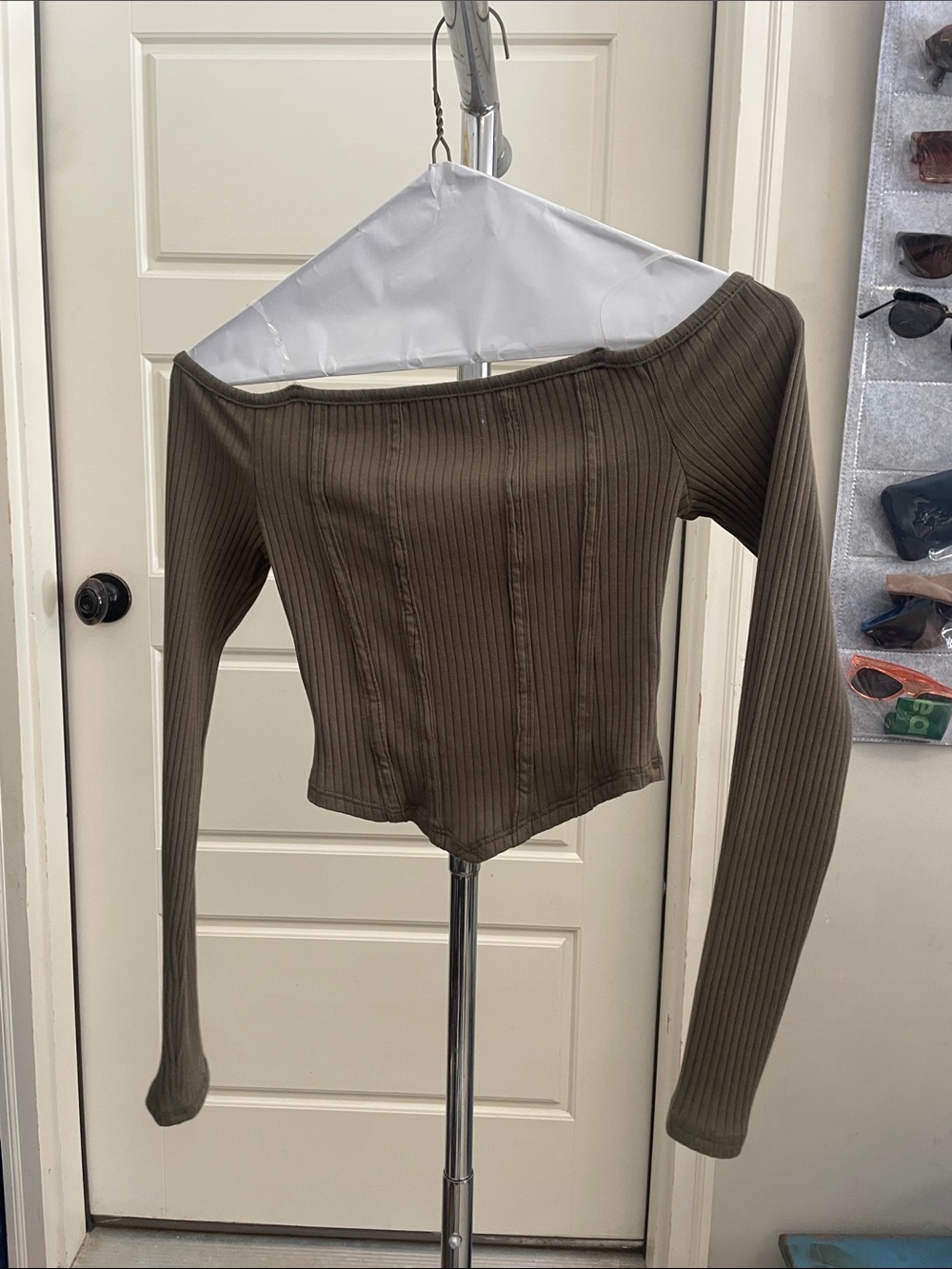 Juniors Off the Shoulder Olive Crop Top (w/ clear straps)